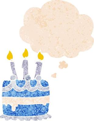 cartoon birthday cake and thought bubble in retro textured style