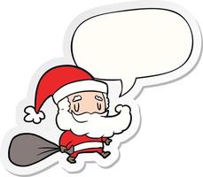 cartoon santa claus carrying sack of presents and speech bubble sticker vector