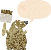 cartoon bear with paint brush and speech bubble in retro textured style vector