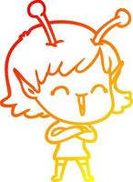 warm gradient line drawing cartoon happy alien girl vector