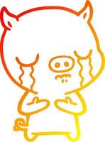 warm gradient line drawing cartoon pig crying vector