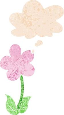 cute cartoon flower and thought bubble in retro textured style