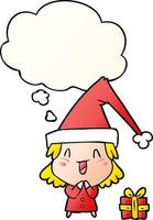 cartoon girl wearing christmas hat and thought bubble in smooth gradient style