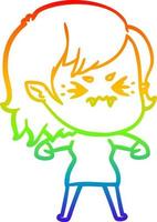 rainbow gradient line drawing annoyed cartoon vampire girl vector