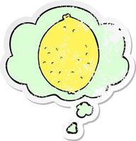 cartoon lemon and thought bubble as a distressed worn sticker vector