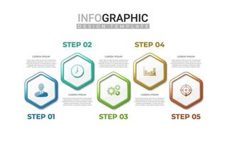 Infografía 3d realista en 5 pasos. infografía profesional con forma hexagonal de degradado colorido. pasos de información comercial con icono vector