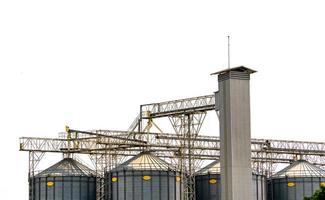 silo agrícola en la fábrica de piensos. silo plano para almacenar y secar granos, trigo, maíz en la granja. almacenamiento de productos agrícolas. tanque grande para almacenar granos. torre de almacenamiento de granos. industria de la agricultura foto