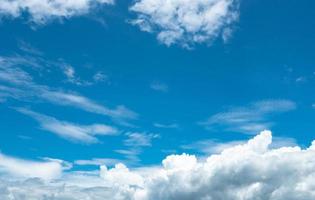 Beautiful blue sky and white cumulus clouds abstract background. Cloudscape background. Blue sky and fluffy white clouds on sunny day. Nature weather. Bright day sky for happy day background. photo