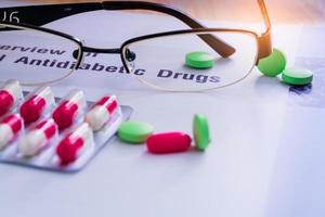 Diabetes drugs and glasses placed on textbook. Diabetes mellitus type 2 concept. photo