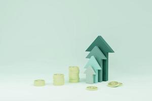 Green up arrow and coin stacks on light green background 3D render illustration photo