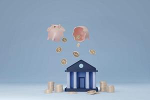 Minimal bank building with coins  fall from piggybank 3D render illustration photo