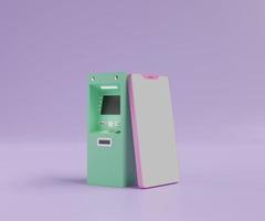 el teléfono inteligente se apoya en la máquina atm o adm 3d render ilustración foto