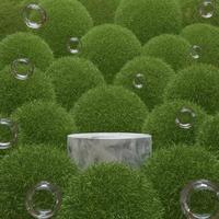 Mockup marble showcase podium with grass ball and bubbles 3D render illustration photo