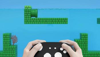 Hand hold game controller with arcade video game background 3D render illustration photo