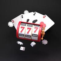 Slot machine casino element with winning combination and cards. Render in 3D. photo