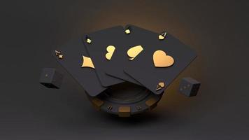 Playing chip, playing cards and black dice. Black casino elements with gold inserts. 3d rendering illustration. photo