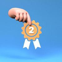 A hand holds a medal for second place with a ribbon. 3D render illustration. photo