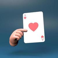 The hand holds a card with the suit of hearts. Casino element. 3d render illustration. photo