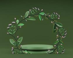 Realistic 3d render podium platfrom mockup background with wreath flowers floral, Bouquet green leaf circle ring botanical green background, round wreath, blank greeting card 3D illustration. photo