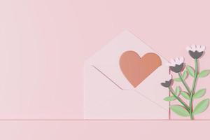 Valentine's Day background red heart shape in the envelope with a flowers gift card for a show of love with copy space on pink background. 3D rendering illustration. photo