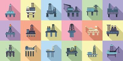 Sea drilling rig icons set flat vector. Oil industry vector