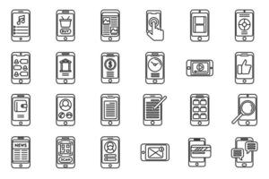 Using smartphone icons set outline vector. App addiction vector