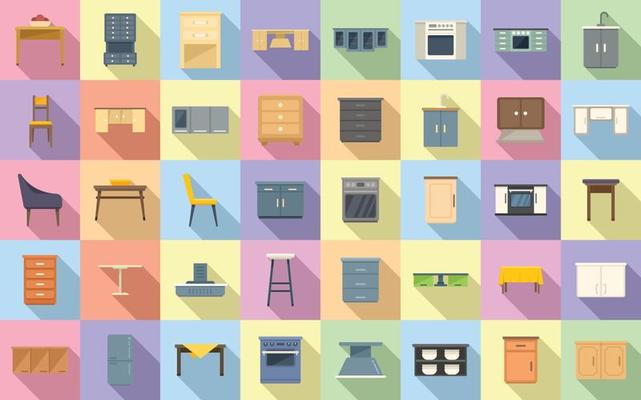 Kitchen furniture icons set flat vector. Apartment comfort