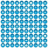 100 iconos de vacaciones en azul vector