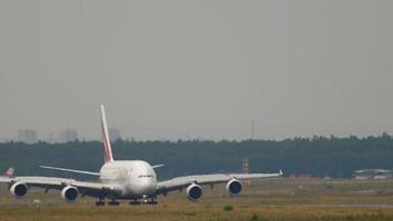 FRANKFURT AM MAIN, GERMANY JULY 17, 2017 - Airbus 380 Emirates A6 EOC taxiing after landing. Fraport, Frankfurt, Germany video