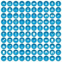 100 museum icons set blue vector