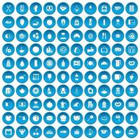 100 iconos de desayuno conjunto azul vector