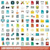 100 book icons set, flat style vector