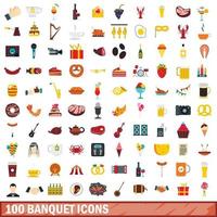 100 banquet icons set, flat style vector