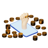 Representación 3d de un fondo blanco, tecnología de cadena de bloques de criptomoneda bitcoin, con las manos fuera del móvil con monedas png