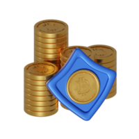 3d rendering of white background, bitcoin cryptocurrency blockchain technology stacking bitcoin coins with shield png