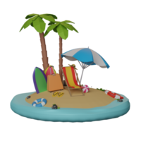ilustração 3d do tema da praia das férias de verão com cadeiras de praia e bola na ilha arenosa tropical