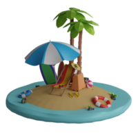 illustrazione 3d del tema della spiaggia delle vacanze estive con sedie a sdraio e palla sull'isola sabbiosa tropicale png