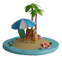 Sommerurlaub Strandthema 3D-Illustration mit Strandkörben und Ball auf tropischer Sandinsel png