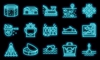 Fish farm icons set vector neon