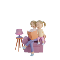 3d render mother and daughter reading book together illustration png