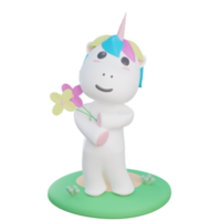 einhorn halten blumenillustration mit transparentem hintergrund 3d-rendering png