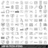 100 hi-tech icons set, outline style vector