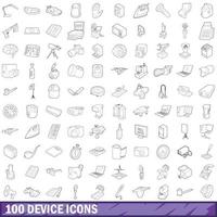 100 device icons set, outline style vector