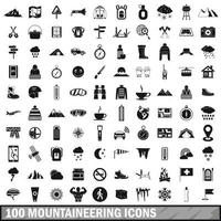 100 mountaineering icons set, simple style vector