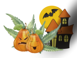 due zucche arancioni di Halloween con due facce emotive sono in mezzo a foglie di cannabis e una casa in stile spaventoso e una grande luna lontana da dietro.