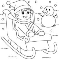 Christmas Boy Riding On Sleigh Coloring Page vector