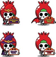 pomegranate fruit bone mascot costume character cartoon vector. holding sale halloween board vector