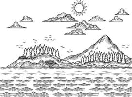 Design Vector Outline Landscape Mountain and Lake