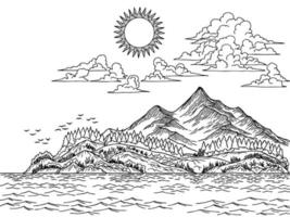 diseño vector contorno paisaje montaña y lago