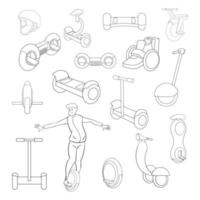 esquema de conjunto de iconos de scooter autoequilibrado vector